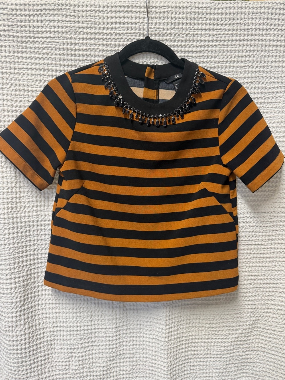 H&M size 2 Black & Brown Striped Short-Sleeve Top with Beaded Neckline